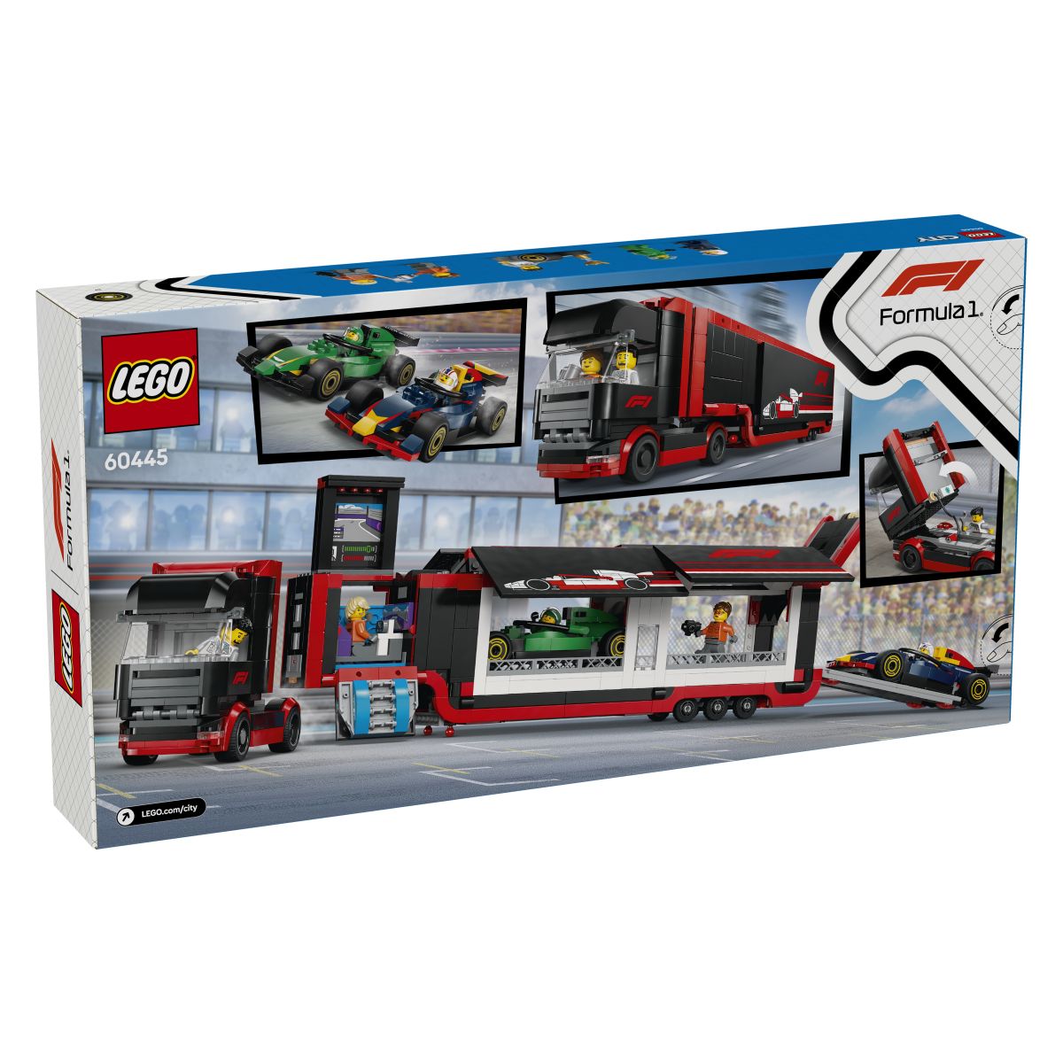 Lego City 60445 Tovornjak F1 z dirkalnikoma F1 RB20 in AMR24