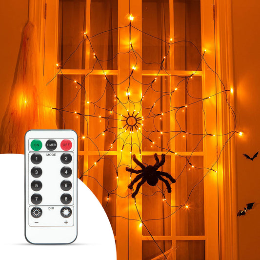 Pajčevinasta svetlobna zavesa s pajkom - toplo bela 60 LED diod - USB za noč čarovnic