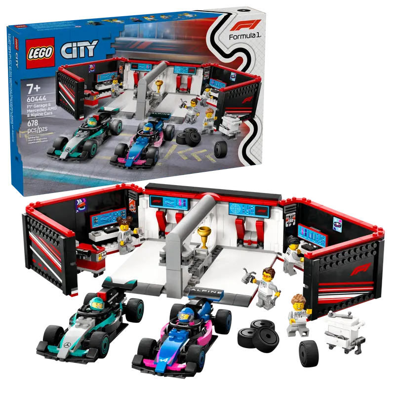 Lego City 60444 Avtomehanična delavnica F1 ter dirkalnika Mercedes-AMG in Alpine