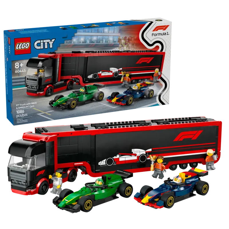 Lego City 60445 Tovornjak F1 z dirkalnikoma F1 RB20 in AMR24