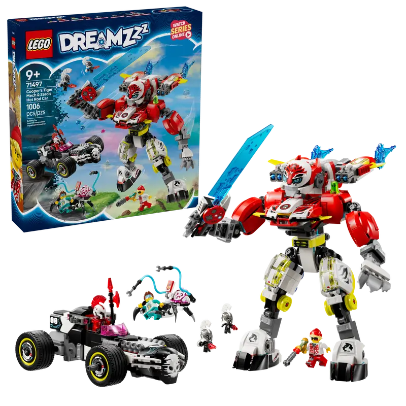LEGO Dreamzzz 71497 Cooperjev robotski oklep tigra in Zerojev dirkalnik Hot Rod