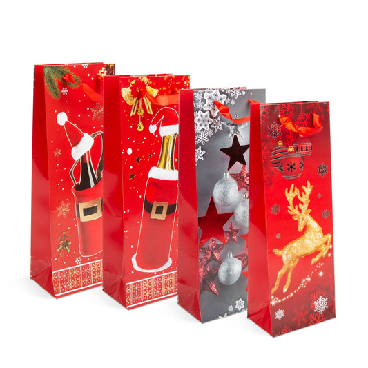 Božična darilna vrečka za steklenice - papirna - 360 x 127 x 83 mm - 4 vrste / paket - Darilni papir in vrečke