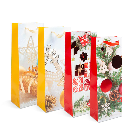 Božična darilna vrečka za steklenice - papirna - 360 x 127 x 83 mm - 4 vrste / paket - Darilni papir in vrečke