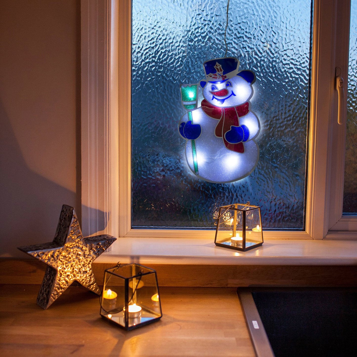 Božični LED PVC okenski dekor - Snežak - 26 x 17 cm - Osvetlitev