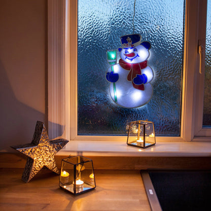 Božični LED PVC okenski dekor - Snežak - 26 x 17 cm - Osvetlitev