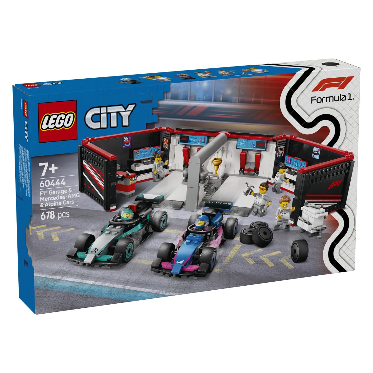 Lego City 60444 Avtomehanična delavnica F1 ter dirkalnika Mercedes-AMG in Alpine