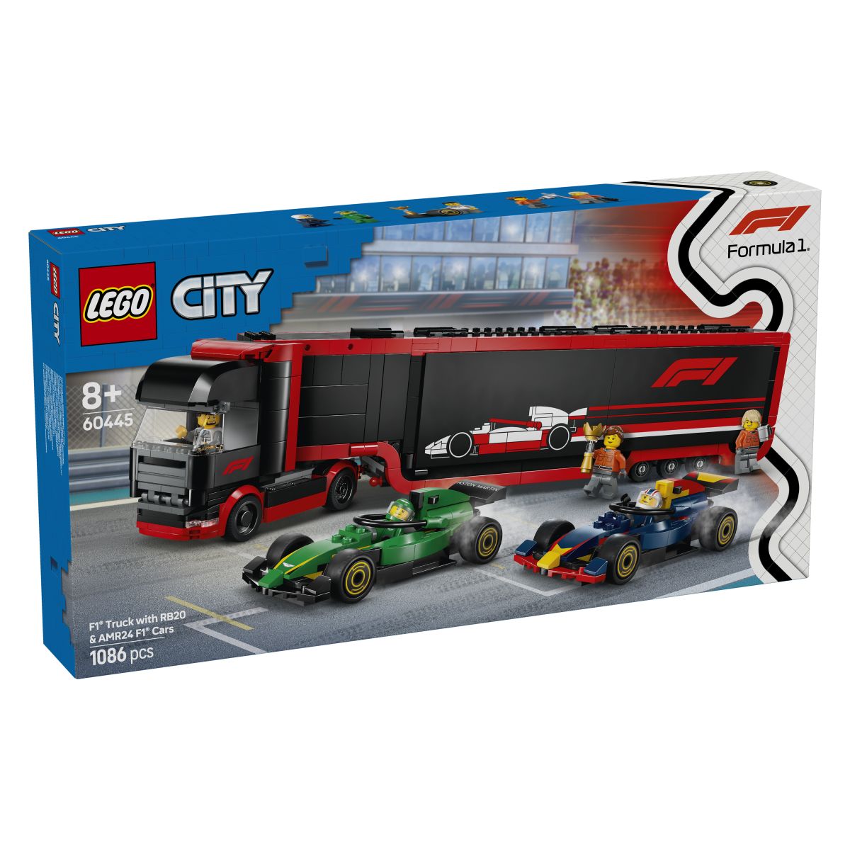 Lego City 60445 Tovornjak F1 z dirkalnikoma F1 RB20 in AMR24