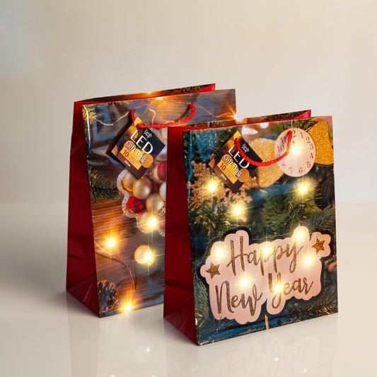 Novo letna darilna vrečka L s LED lučkami 178 x 102 x 228 mm - 2 vrstI / komp. HAPPY NEW YEAR - Darilni papir in vrečke