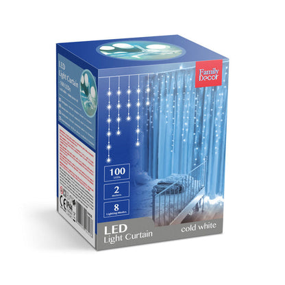 Zunanja svetlobna zavesa s 100 LED diodami 2,2m hladno bela omrežno napajanje IP44 - 8 programov - Osvetlitev